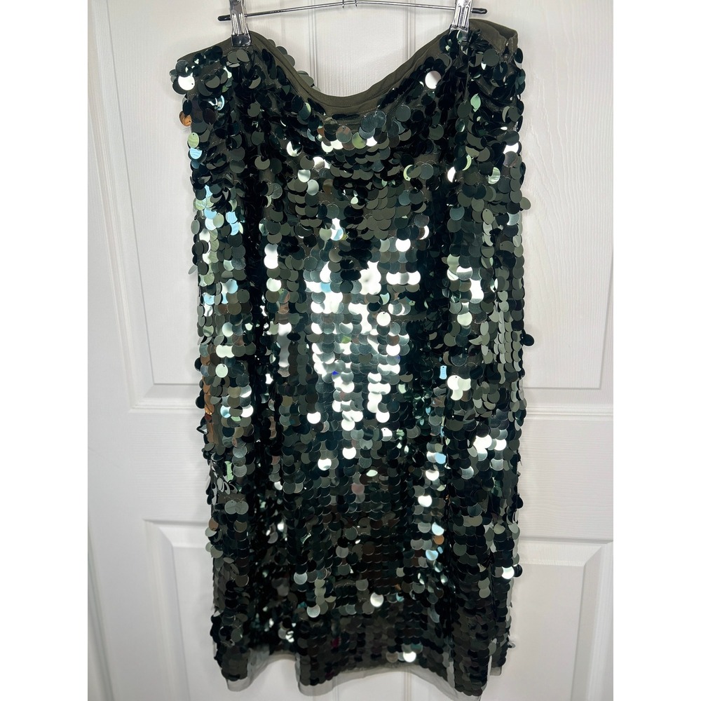Scoop Green Large Paillette Sequin Midi Skirt Slit Size XL 16-18 Holiday Party